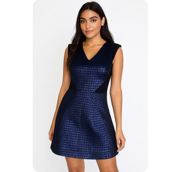 Tibi Quilted Lurex Jacquard Dress blue black SIze 2 Navy blue/black mermaid - Picture 1 of 12